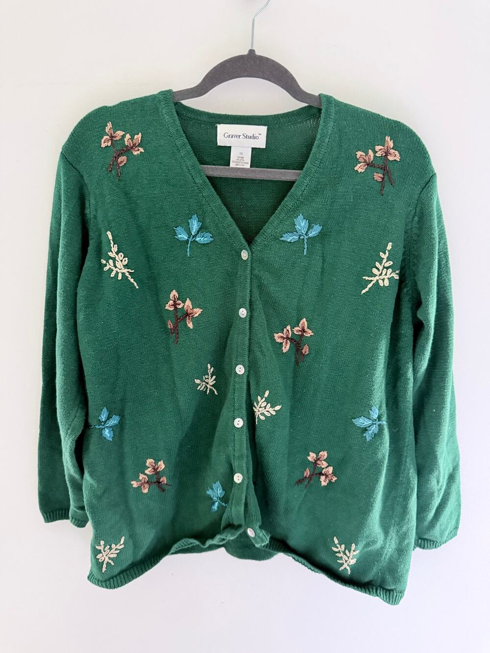 Vintage Graver Studio Green Knit Cottage Embroidered Leaf Motif Cardigan-Size 1X